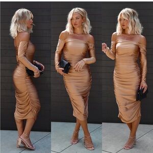 Vici Tan Strapless Ruched Bodycon Dress